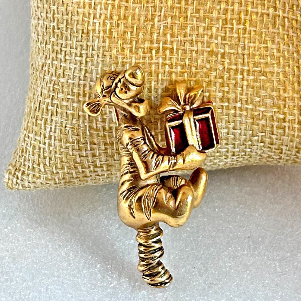 Disney Winnie the Pooh Bouncing Tigger Holding Red Package Brooch Signed